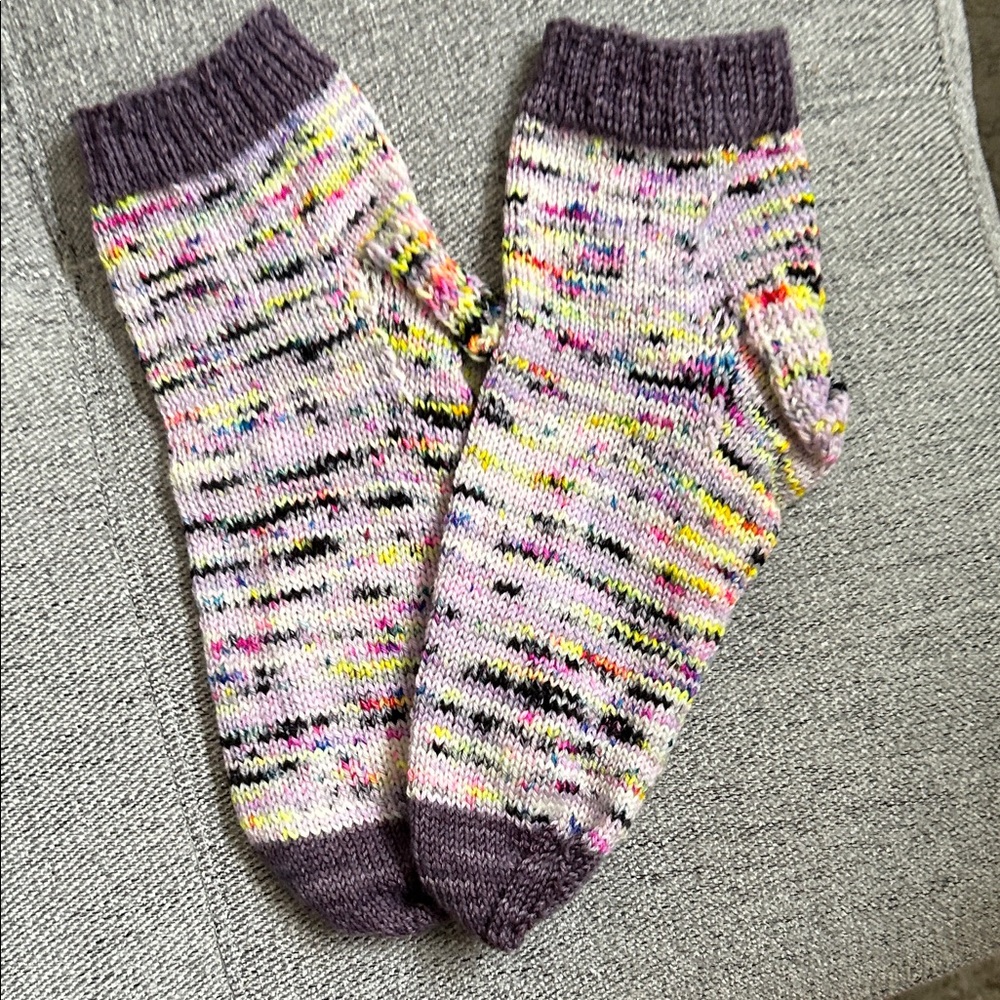 Hand Knit Multicolor Crew Socks with purple accents